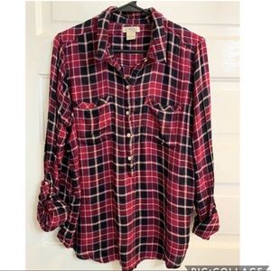 Lucky Brand Plaid 3/4 Button Down Blouse Sz L